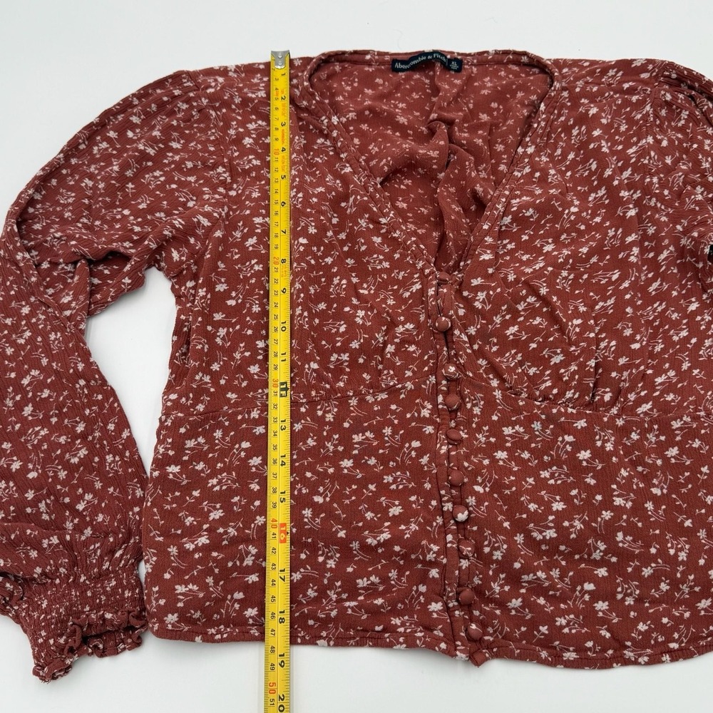 Abercrombie & Fitch Blouse XL Floral Button Front Peplum Rust Red Boho Crepe - Picture 4 of 6